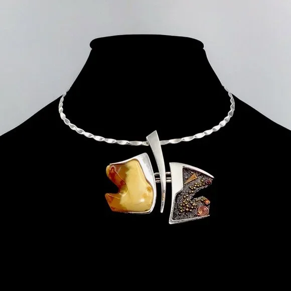 Sterling Silver Artisan Amber Art Deco Brooch/ Pendant Vintage 51 Grams 3”